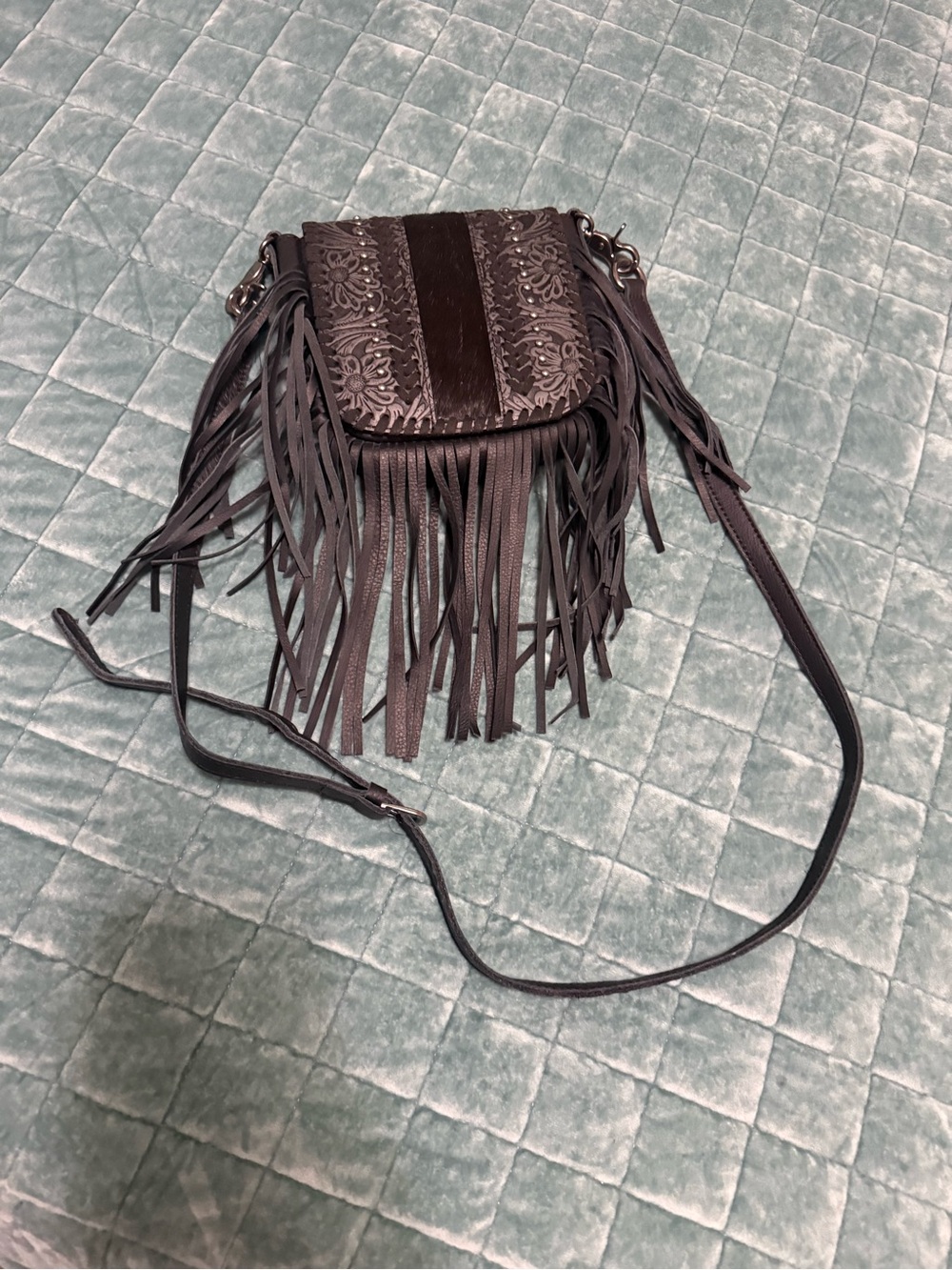 Montana West Black Fringe Crossbody Bag with Embossed Panel